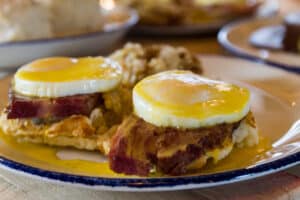 fried bologna benedict from five oaks farm kitchen