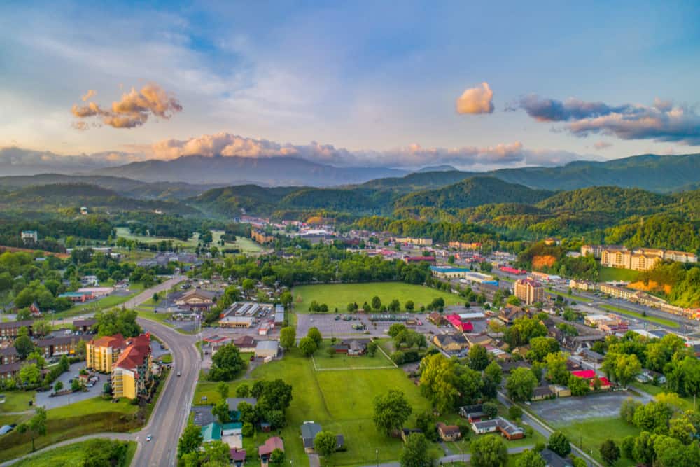 an aerial overview of Pigeon Forge in the summer